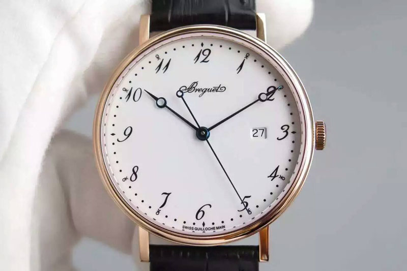 Breguet Classique Auto RG White Dial Number Markers on Black Leather Strap MIYOTA 9015