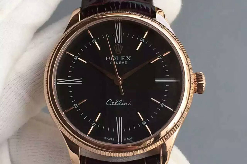 Rolex Cellini 50509 MK V2 Best Edition RG Black Sticks Dial on Brown Leather Strap A3132