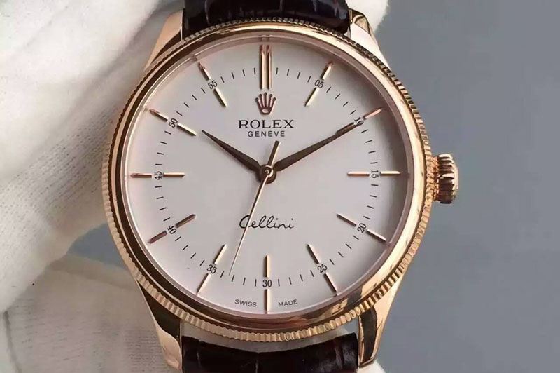 Rolex Cellini 50509 MK V2 Best Edition RG White Sticks Dial on Brown Leather Strap A3132