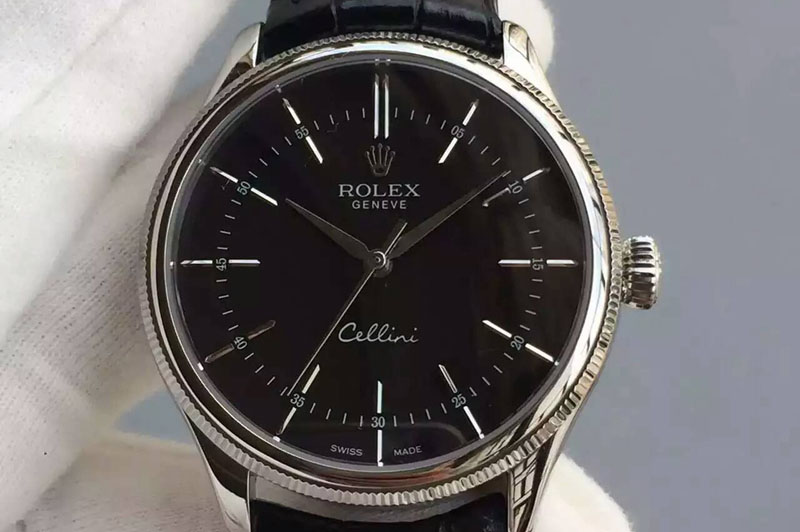 Rolex Cellini 50509 MK V2 Best Edition SS Black Roman Dial on Black Leather Strap A3132