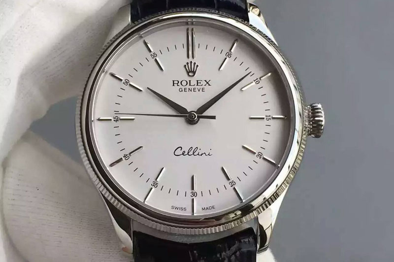 Rolex Cellini 50509 MK V2 Best Edition SS White Sticks Dial on Black Leather Strap A3132