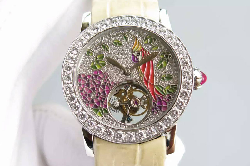 I Giardini Di Bulgari Tourbillon Full Paved Diamonds SS Diamonds Dial on Beige Leather Strap