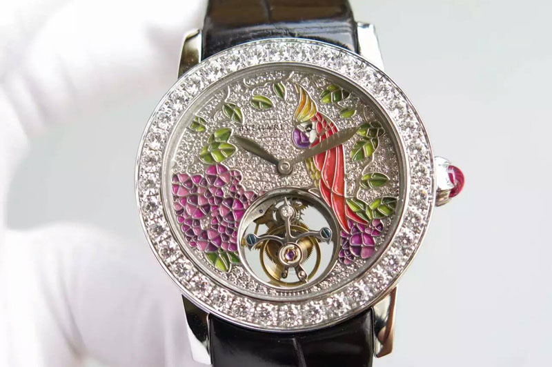 I Giardini Di Bulgari Tourbillon Full Paved Diamonds SS Diamonds Dial on Black Leather Strap