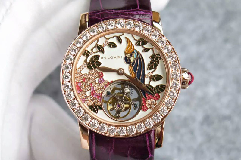 Bvlgari I Giardini Di Bulgari Tourbillon Full Paved Diamonds on Purple Leather Strap