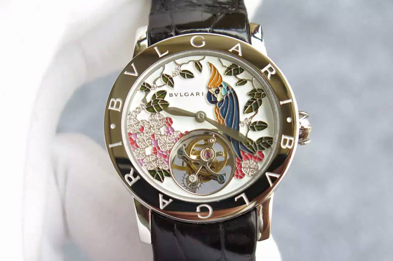 Bvlgari I Giardini Di Bulgari Tourbillon Full Paved Diamonds SS on Black Leather Strap