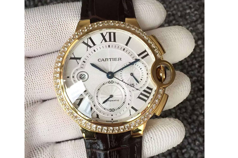 Ballon Bleu de Cartier Chronograph YG/LE Dimaond Bezel White Dial A7750
