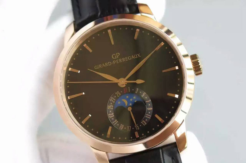Girard Perregaux GP moonphase RG Black Dial on Brown Leather Strap On Cal.GP033MO