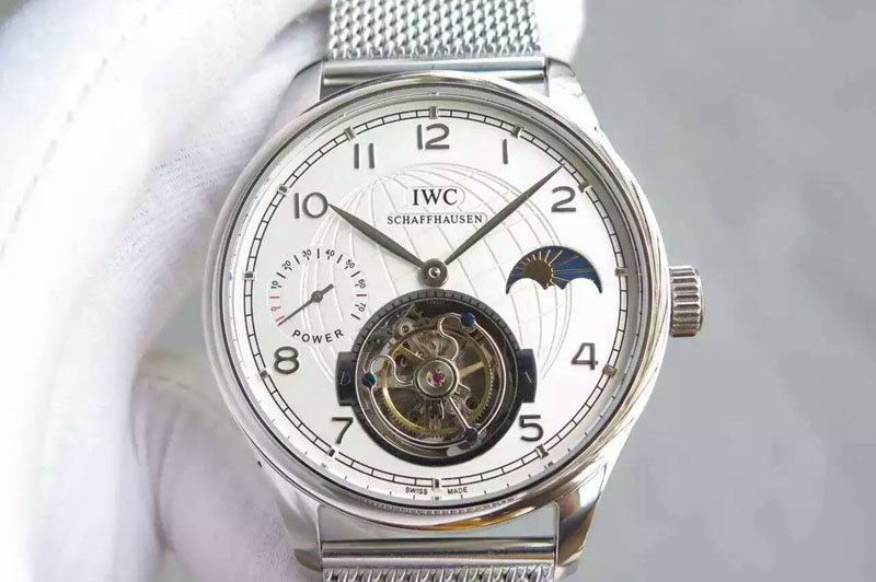 IWC Portuguese Tourbillon Power Reserve Moonphase SS White Dial on SS Mesh Bracelet