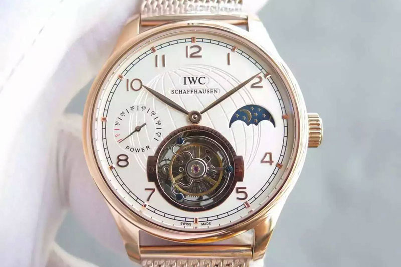 IWC Portuguese Tourbillon Power Reserve Moonphase RG White Dial on RG Mesh Bracelet