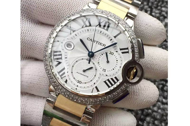 Ballon Bleu De Cartier Chrono 47mm SS White Textured Dial Diamond Bezel on SS/YG Bracelet A7750