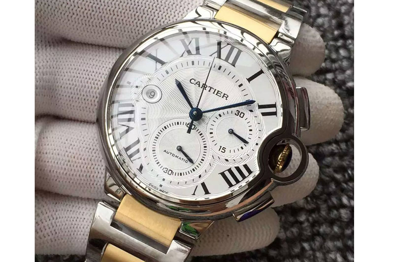 Ballon Bleu De Cartier Chrono 47mm SS White Textured Dial on SS/YG Bracelet A7750