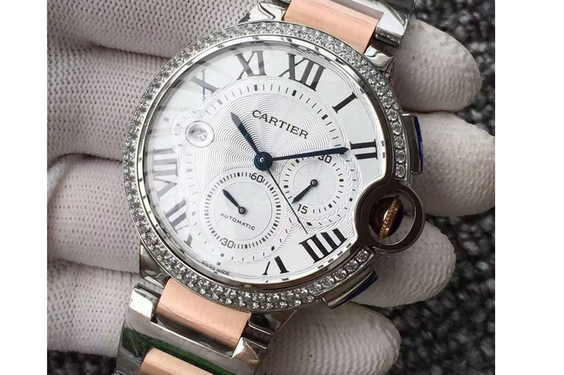 Ballon Bleu De Cartier Chrono 47mm SS White Textured Dial Diamond Bezel on SS/RG Bracelet A7750