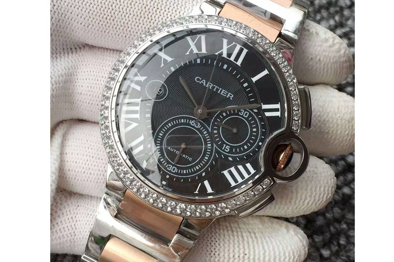 Ballon Bleu De Cartier Chrono 47mm SS Black Textured Dial Diamond Bezel on SS/RG Bracelet A7750