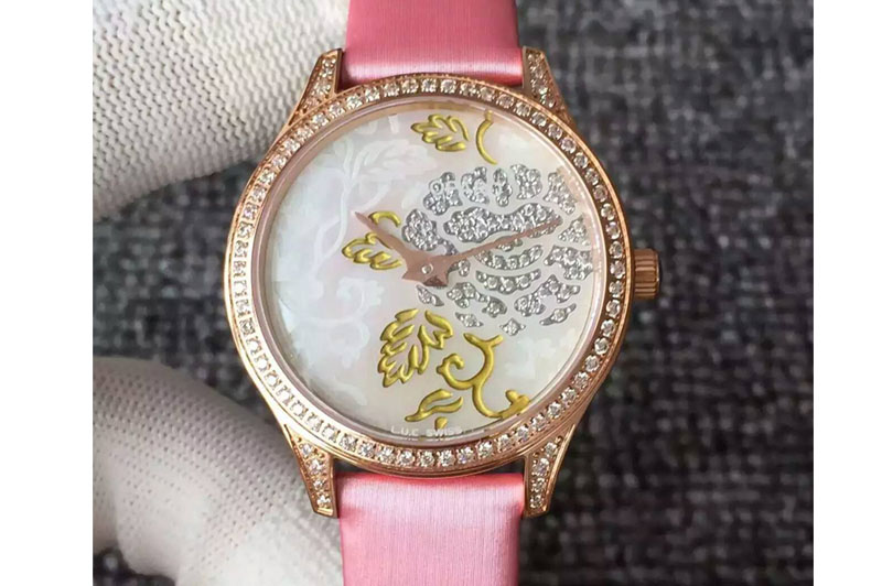 Chopard L.U.C Urushi Ladies RG Full Paved Diamonds Case Pink Dial on White Fabric Strap Micro-Rotor Movement