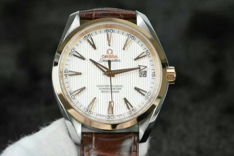 Omega Aqua Terra 150M RG Bezel 1:1 Best Edition White Textured Dial RG Markers on Leather strap A8500