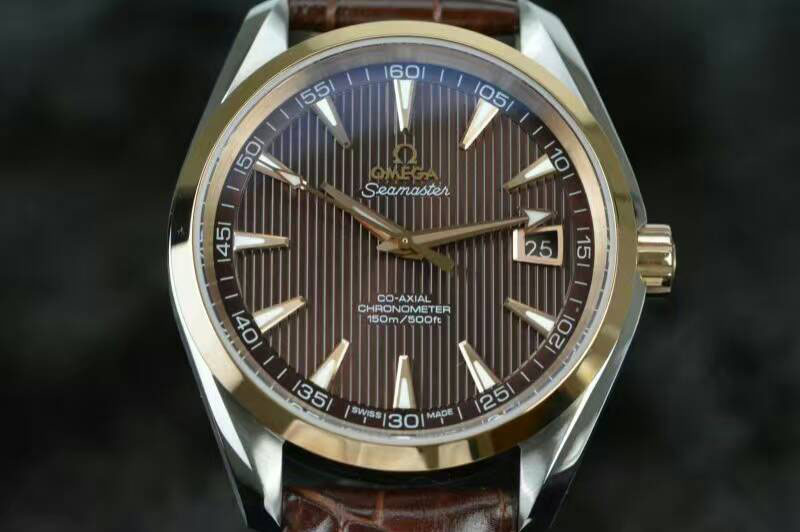 Omega Aqua Terra 150M SS 1:1 Best Edition Brown Textured Dial RG Bezel on Leather Strap A8500
