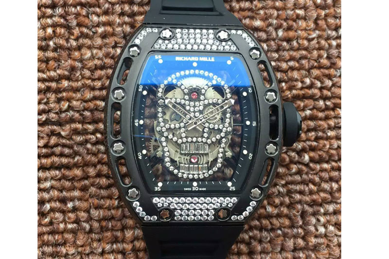 Richard Mille RM 052 Skull Watch PVD Full Paved Diamonds Skull Dial on Black Rubber Strap 6T51