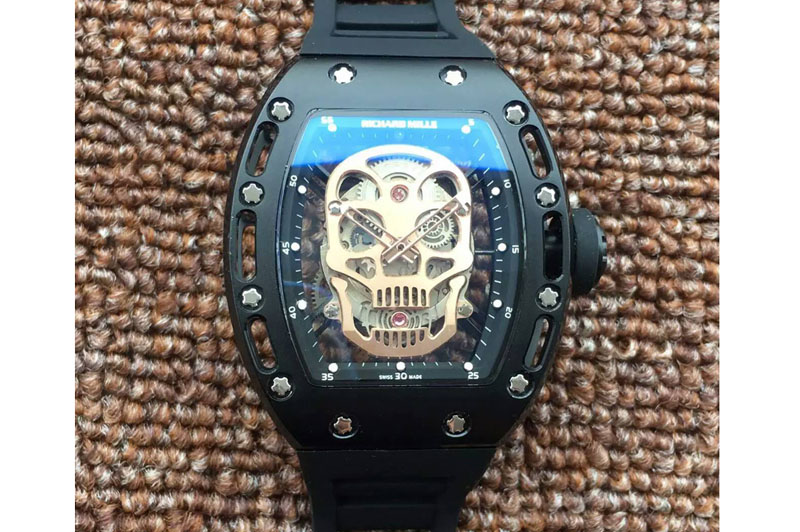 Richard Mille RM 052 Skull Watch PVD Gpld Dial on Black Rubber Strap 6T51