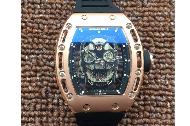 Richard Mille RM 052 Skull Watch RG Black Dial on Black Rubber Strap 6T51