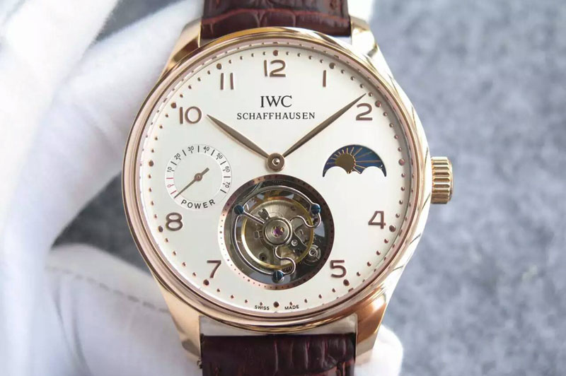 IWC Portuguese Tourbillon Power Reserve Moonphase RG White Dial on Brown Leather Strap