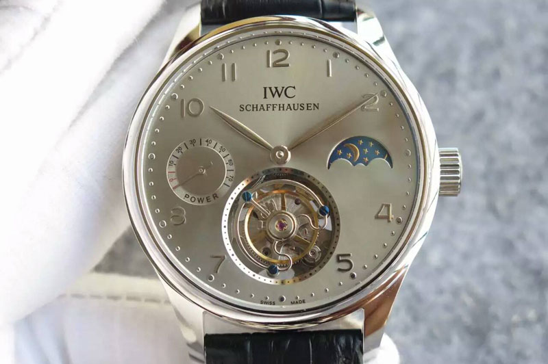 IWC Portuguese Tourbillon Power Reserve Moonphase SS Grey Dial on Black Leather Strap