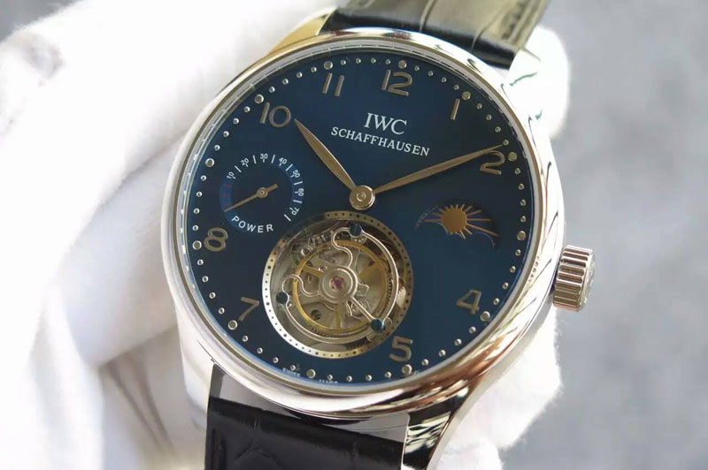IWC Portuguese Tourbillon Power Reserve Moonphase SS Blue Dial on Black Leather Strap
