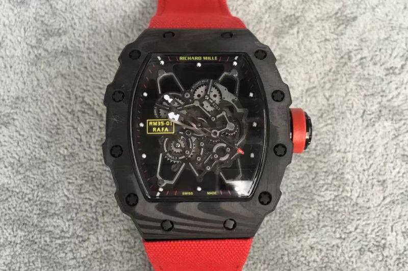 Richard Mille RM 035 Forge Carbon Black Inner Bezel Skeleton Dial on Red Nylon Strap MIYOTA9015
