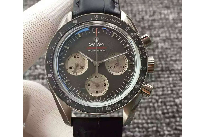 Omega Speedmaster MoonWatch SS Black Dial on Black Leather Strap Manual Winding