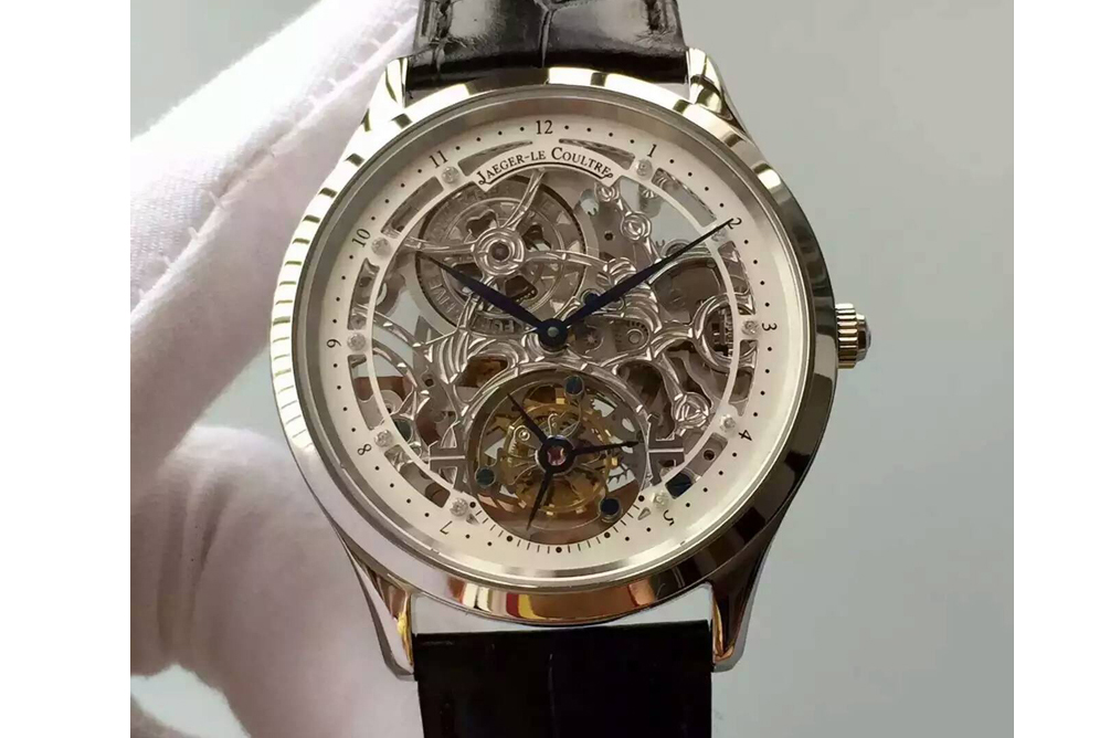 Jaeger-LeCoultre Master Ultra Thin Tourbillon SS Skeleton Dial White Inner Bezel on Black Leather Strap