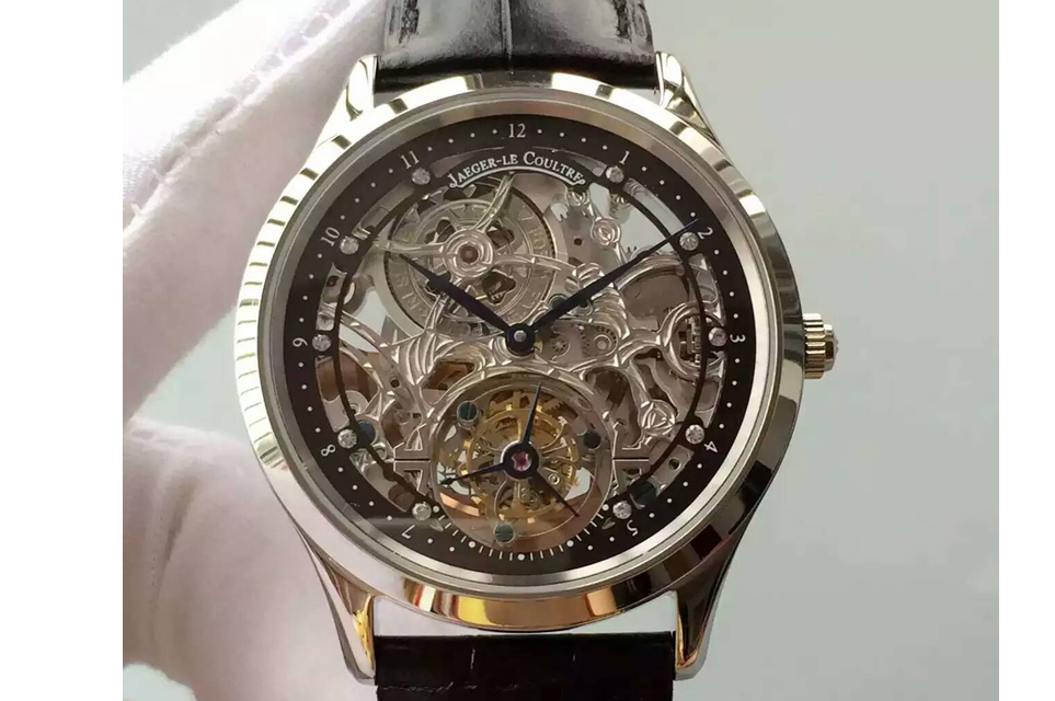 Jaeger-LeCoultre Master Ultra Thin Tourbillon SS Skeleton Dial Black Inner Bezel on Black Leather Strap
