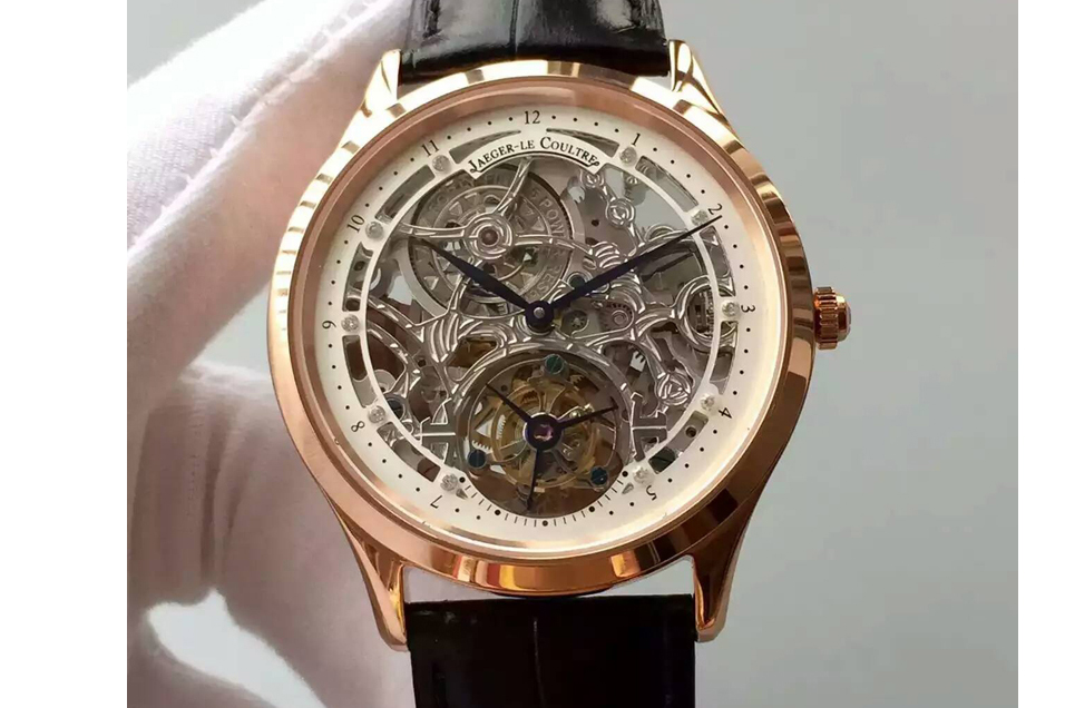 Jaeger-LeCoultre Master Ultra Thin Tourbillon RG Skeleton Dial White Inner Bezel on Black Leather Strap