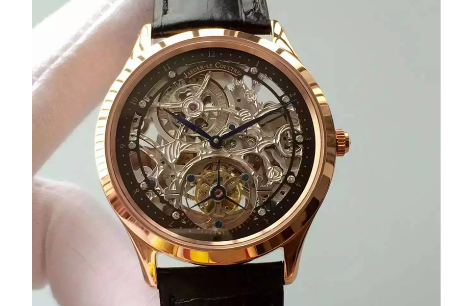 Jaeger-LeCoultre Master Ultra Thin Tourbillon RG Skeleton Dial Black Inner Bezel on Black Leather Strap