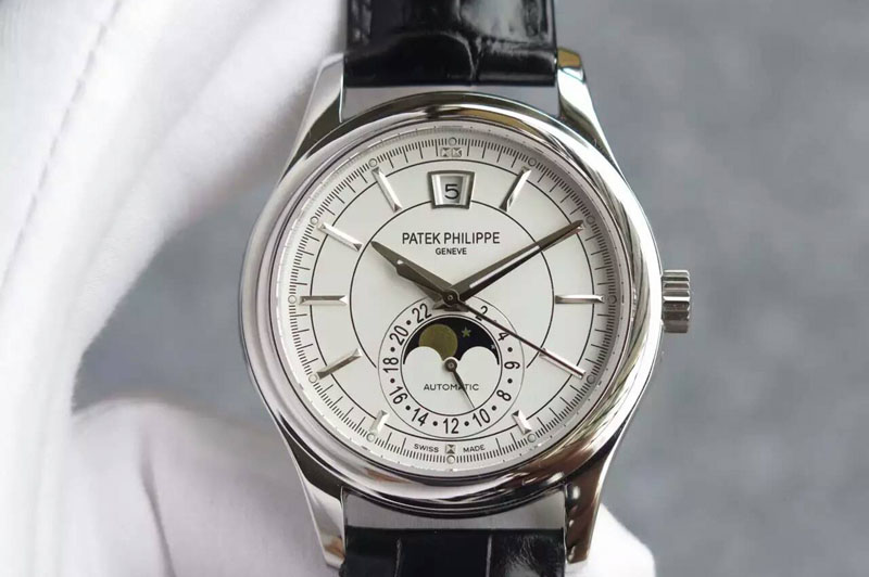 Patek Philippe Classic 5205 Moonphase SS White Dial on Black Leather Strap Miyota 9015