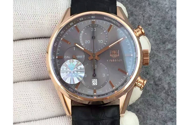 Tag Heuer Carrera CAL1887 Chronograph 41mm RG V6F 1:1 Best Edition Gray Dial On Brown Leather Strap CAL1887