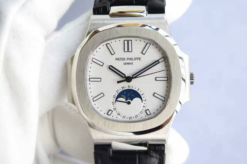 Patek Philippe Nautilus 5726 SS White Dial on Black Leather Strap A324