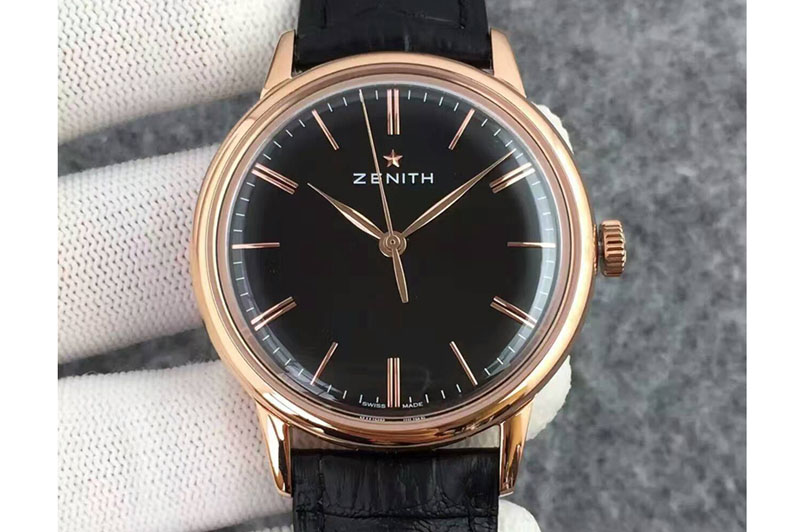 Zenith Elite 6150 03.2270.6150 42mm RG/LE Black Dial With Leather Strap