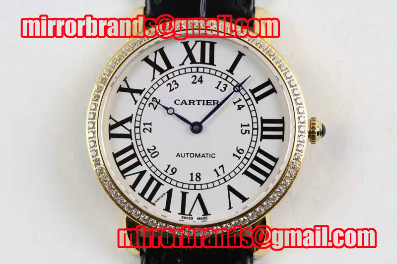 Ronde Louis Cartier YG/LE White Dial Diamond Bezel Auto Watches