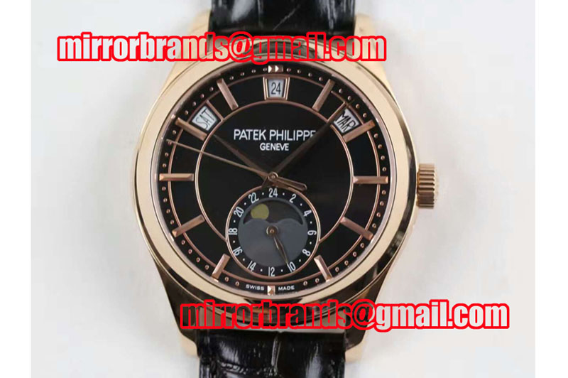 Patek Philippe Classic 5205G Moonphase RG Black Dial on Black Leather Strap Miyota 9015
