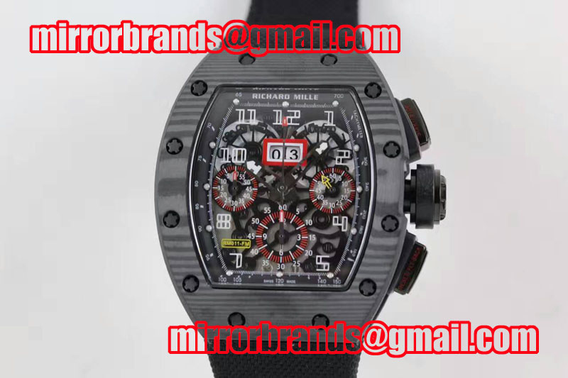 Richard Mille RM 011 PVD Forge Carbon Black Inner Bezel Whtie Markers Skeleton Dial on Black Nylon Strap A7750