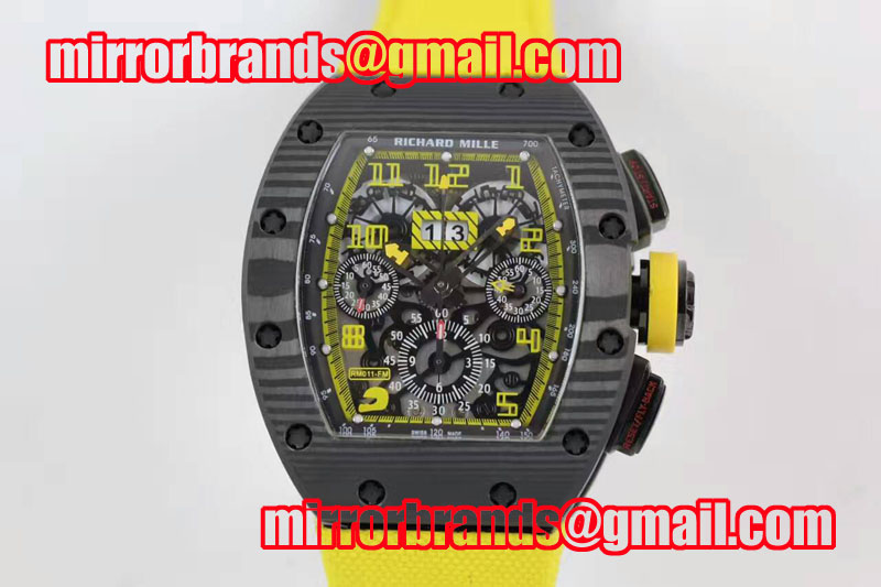 Richard Mille RM 011 PVD Forge Carbon Yellow Inner Bezel Yellow Markers Skeleton Dial on Yellow Nylon Strap A7750