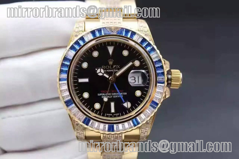 Rolex 50th Anniversary Bling GMT YG/Diamond Black Swiss Eta 2836