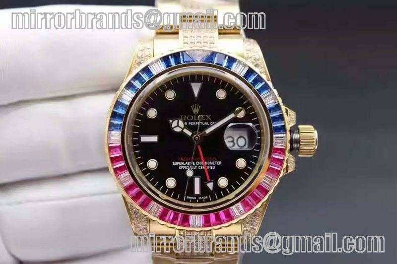 Rolex 50th Anniversary Bling GMT YG/Diamond Black Swiss Eta 2836