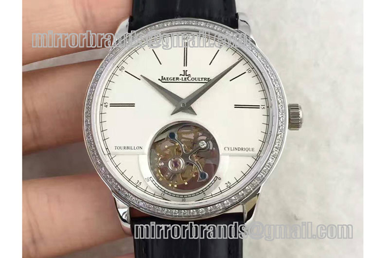 Jaeger-LeCoultre Master Tourbillon SS TF Best Edition White Dial Diamonds Bezel on Black Leather Strap
