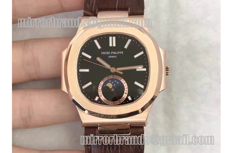 Patek Philippe Nautilus 5726 Moonphase RG Black Dial on Brown Leather Strap A324