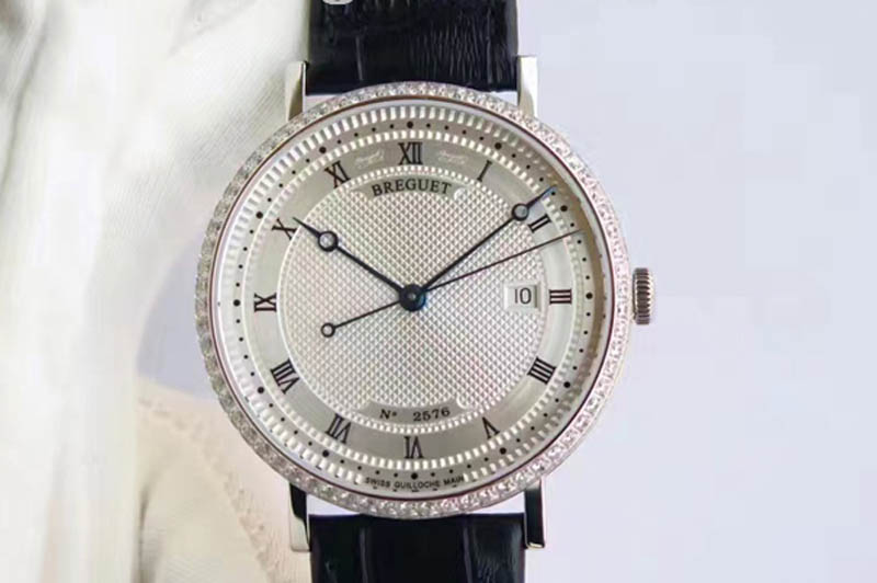 Breguet Classique 5177 SS White Textured Dial Diamonds Bezel A2892