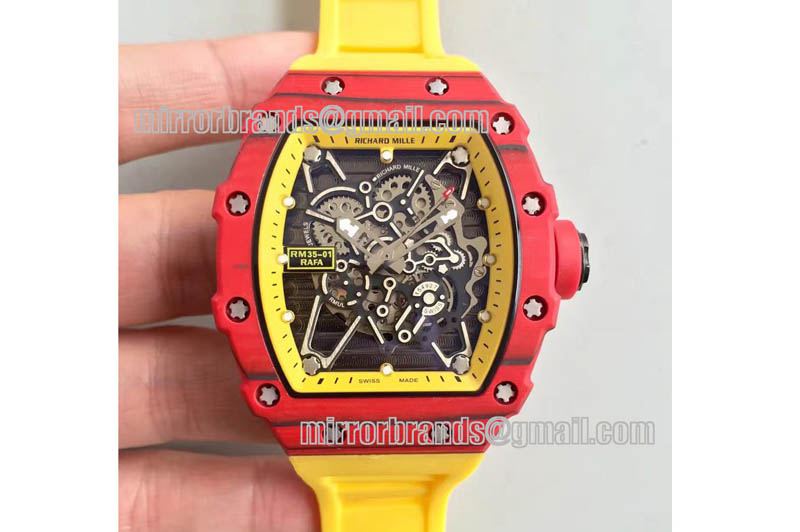 Richard Mille RM 035-2 Red Forged Carbon Yellow Inner Bezel Skeleton Dial on Yellow Rubber Strap MIYOTA9015