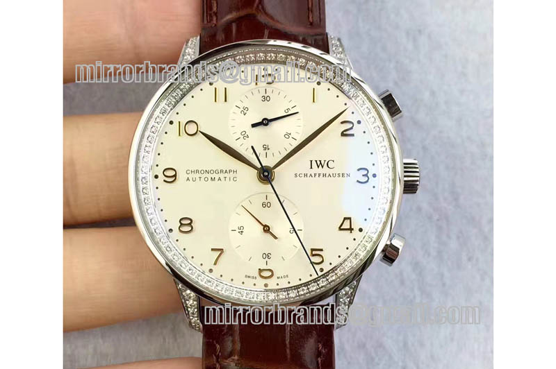 IWC Portuguese IW3714 Diamond White Dial RG Numbers Makers on Brown Leather Strap A79350