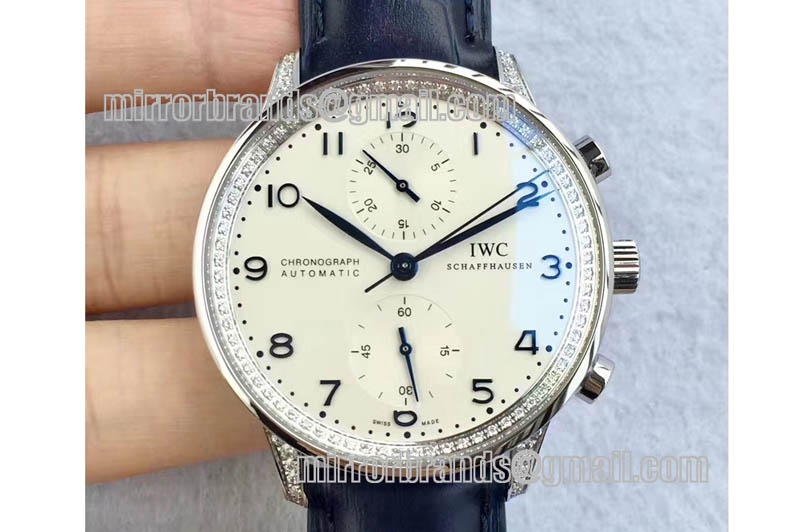 IWC Portuguese IW3714 Diamond White Dial Blue Numbers Makers on Blue Leather Strap A79350 (Slim Movement)
