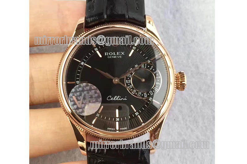 Rolex Cellini Date RG Black Dial Sticks Markers on Black Leather Strap A3165
