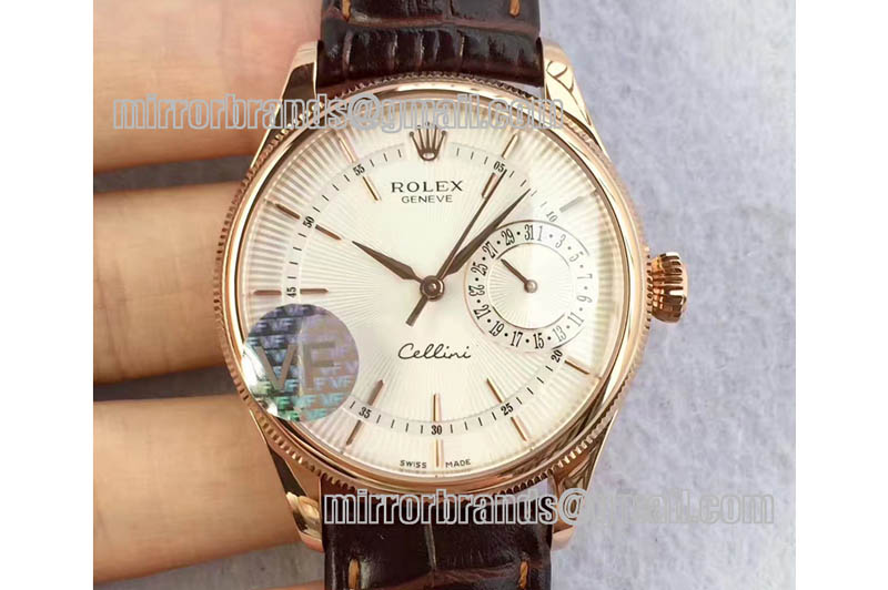 Rolex Cellini Date RG White Dial Sticks Markers on Brown Leather Strap A3165